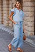 Textured Ruffled Sleeve Zipped Top and Wide Leg Pants Set